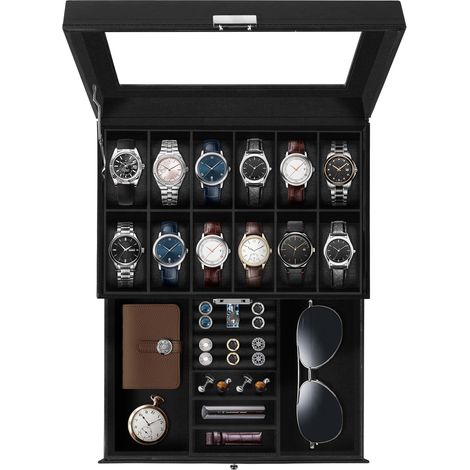 Boîte à Montres 12 Compartiments, 2 Niveaux Coffret à Montres en PU, Couvercle en Verre, Coffret de Rangement pour Montres, Coussinets Coton de Soie, Doublure Noire, Idée Cadeau (1/5)