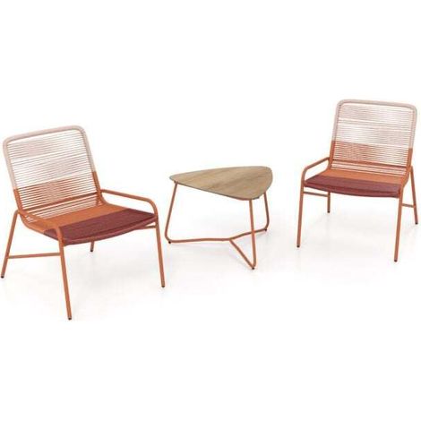 Salon de jardin orange 3 pièces en rotin PE avec 2 fauteuils dégradés et table triangulaire pour terrasse jardin et piscine
