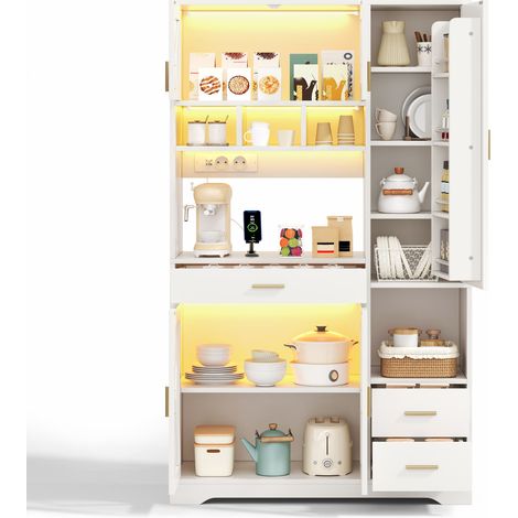 Buffet de cuisine haut avec LED RGB, prises USB, portes vitrées, étagères réglables, tiroir et grand rangement 185x105x40 cm, blanc vintage – CHICFURN (1/5)
