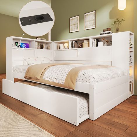 Daybett, 90x200cm (90x190cm), lit enfant, sans matelas, lit de jour avec lit escamotable, canapé-lit avec compartiment de rangement et USB, blanc (1/5)