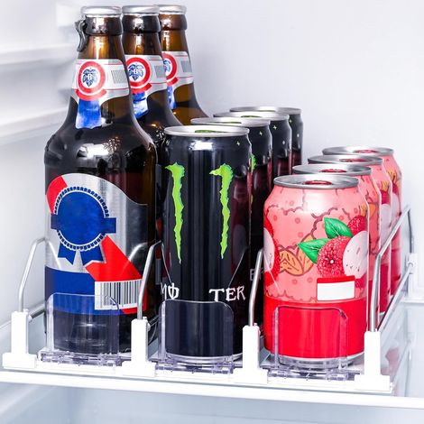 Organisateur frigo 3 rangées, 12 canettes, glissière ajustable, 31 cm.