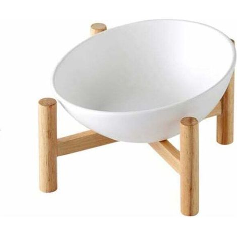 Blanc Porte-gamelle Surélevée Gamelle incliné pour Chien et Chat Céramique avec Bambou Support en Bois Petit