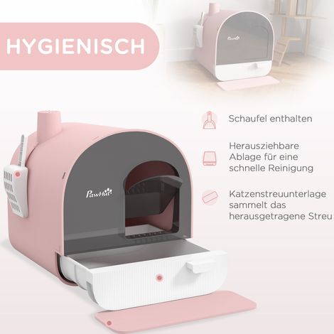 Bac à litière pour chat avec couvercle, pelle à déjections, tapis anti-saletés, en plastique, rose et noir (1/4)