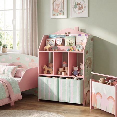 Estantería infantil con 2 cajones de tela y estante abierto para niños de 3 a 8 años, 62,5 x 30 x 91,5 cm, color rosa.