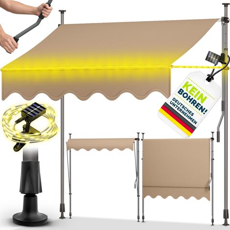 tillvex Klemmmarkise 400 cm Taupe mit Solar LED mit Handkurbel Balkon  Balkonmarkise ohne Bohren  Markise UV-beständig & höhenverstellbar  Sonnenschutz wasserdicht