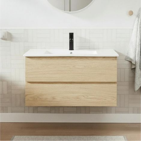 Einzelwaschtisch 80 cm, Eichenoptik, mit Waschbecken und Armatur SORRENTO