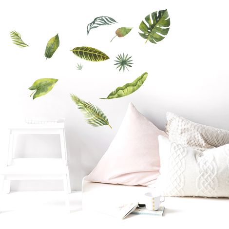 Sticker mural décoratif 68 cm X 48 cm, illustration de feuilles tropicales vertes en aquarelle, décoration murale pour la maison. (1/2)