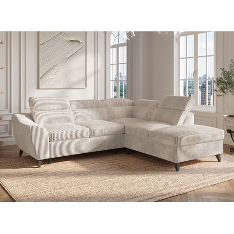 Deco In Paris – Canapé d'angle convertible en velours côtelé épais beige – Coffre de rangement intégré – Dimensions 258x222x83 cm – Couchage 165x176 cm (1/5)
