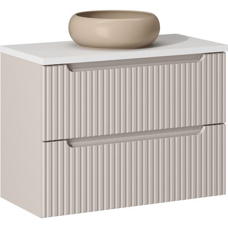 Meuble salle de bain suspendu 2 tiroirs NOVA taupe – Vasque ronde cappuccino avec plan 60 cm-Largeur 60 cm (1/5)