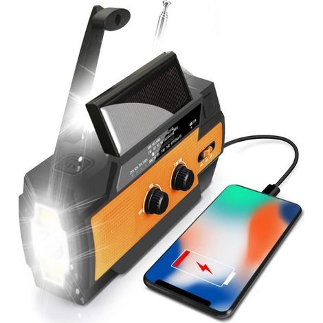 Radio d'urgence avec cellule solaire et manivelle, AM/FM, prévisions météo, SOS, lampe torche et chargeur de téléphone portable 0 mWh