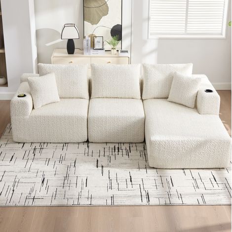 Canapé d'angle en L 3 places en tissu beige avec dossiers, porte-gobelets et poches (1/5)