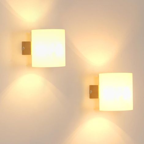 2 Applique Murale Bois, Verre Laiteux, Douille E27, Max 60W, Pour Chambre, Salon, Cuisine