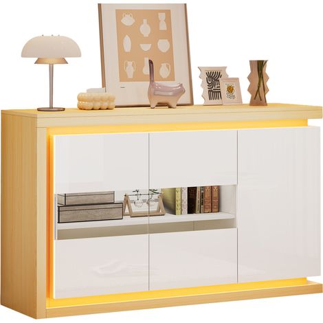 Sideboard mit 3 Türen, 4 Fächern, Verstellbaren Einlegeböden und LED für Wohnzimmer Büro aus Spanplatte 140 × 40 × 84 cm Weiß (1/5)