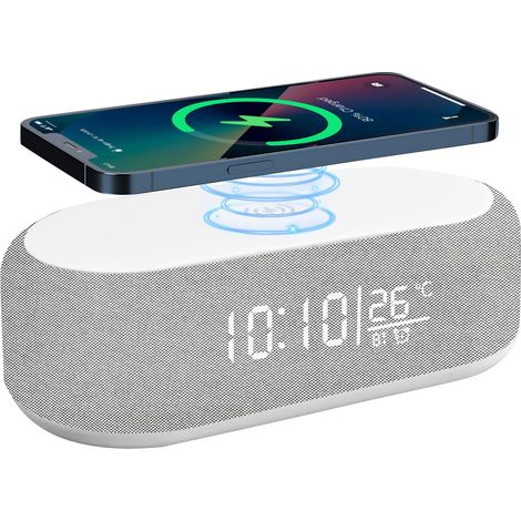 Réveil numérique, réveil numérique avec lumière, recharge sans fil 15W pour IPhone/Samsung, réveil sans tic-tac, haut-parleur Bluetooth, 9 couleurs, luminosité réglable affichage de la température