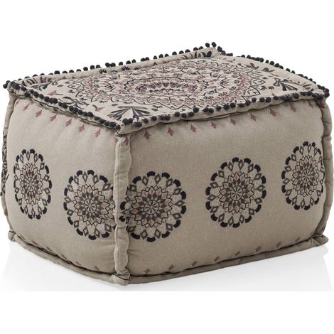 pouf rectangulaire multicolore brodé géométrique assise douce - lin brodé gris malva multicolore (1/4)
