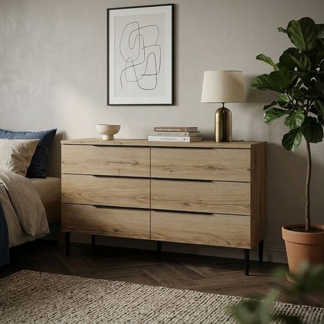 Commode 6 tiroirs 130x45x78 cm décor chêne naturel et noir - DERN (1/5)