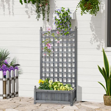 Jardinière surélevée Outsunny avec treillis. bac à fleurs. support pour plantes grimpantes. arche pour rosiers grimpants. bois de jardin. gris. 64 x 28 x 120 cm