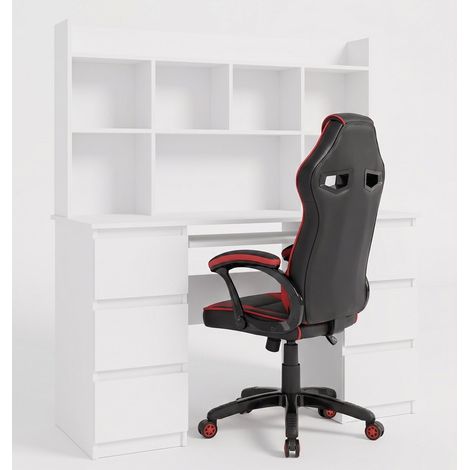 Set: scrivania con ripiano sopraelevato e sedia gaming con meccanismo TILT, Bianco opaco / Rosso-Nero, 130 x 51 x 146 cm (1/5)