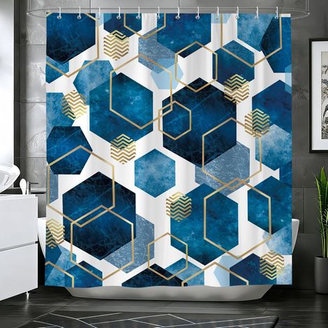 Rideau de Douche 180 x 200 cm Marbre Bleu Marine Géométrique Abstrait Moderne Rideaux de Baignoire Tissu Polyester Imperméable pour Salle de Bain Lavable en Machine avec 12 Crochets (1/5)