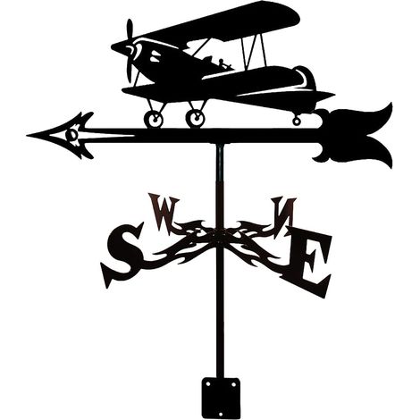 Girouette en métal avec silhouette d'avion biplan ancien - Girouette décorative pour jardin, toit et extérieur, noire, adaptée à toutes les conditions météorologiques, idéale comme décoration de jardi (1/5)