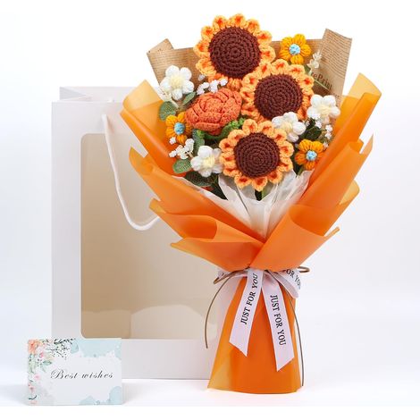 Bouquet au crochet fait main, bouquet complet au crochet, décoration intérieure, cadeau de fêtes, fleur artificielle, tournesol tissé, élégant. (1/3)