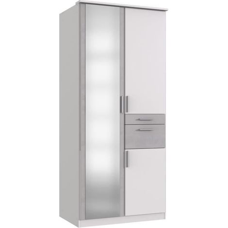 Armoire de chambre WIMEX VOLOS 3 portes battantes avec miroir et 2 tiroirs blanc effet béton gris clair 90x58x199 cm (1/2)