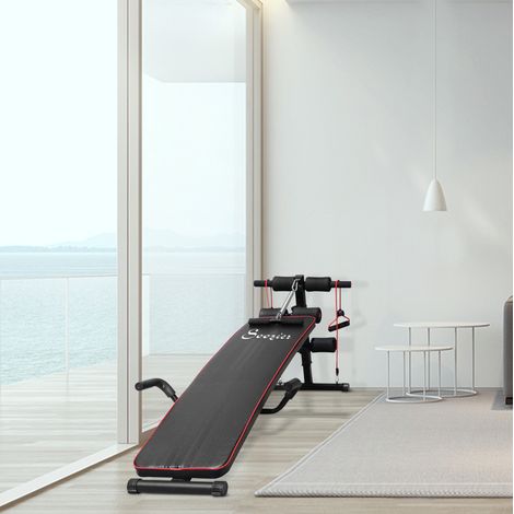 Banco de abdominales (137.5x55.5x50-68 cm), inclinación regulable, con bandas de entrenamiento, acero negro (1/5)