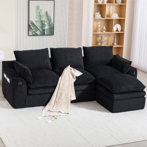 Modulares 3-Sitzer Cordsofa Schwarz mit Hocker, Couch mit Federkern & Seitentaschen, Frei kombinierbares Kompressionssofa, 263x167x85cm (1/5)