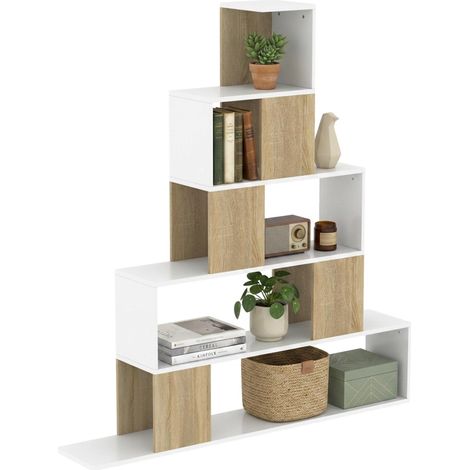 Bibliothèque moderne à 5 niveaux avec design en escalier, 120 x 22 x 131,5 cm, blanche et bois (1/5)