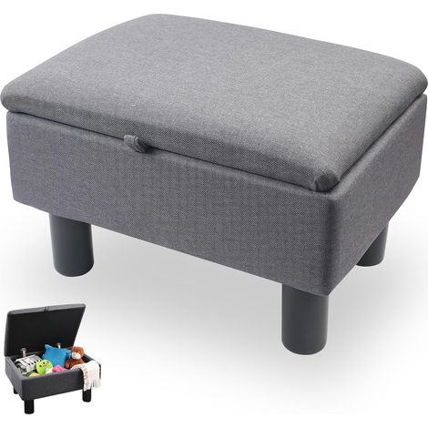 Pouf en lin avec espace de rangement, pouf en lin avec pieds en bois, boîte de rangement cube avec couvercle pour salon, chambre à coucher, couloir, gris (1/5)