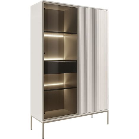 Vetrina 2 ante e 1 cassetto con LED in MDF e Vetro fumé Beige e Nero OVILA