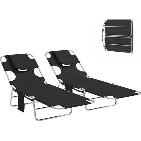 Outsunny 2 Sun Loungers with Reading Hole, Folding Garden Lounger, Black