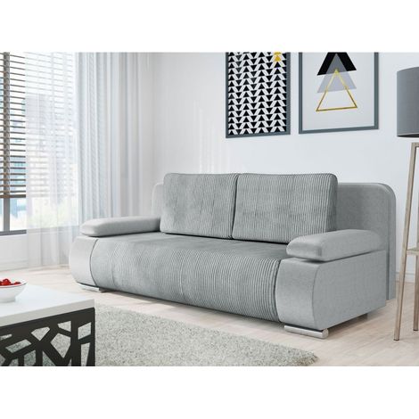 Tendencio – Canapé convertible 3 places HEMI en velours côtelé gris – Dimensions 200x143 cm – Coffre de rangement intégré – Fabrication européenne