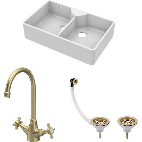 Fireclay Double Bowl Butler Sink Bundle - 895mm Stepped Weir with Wastes & Mono Crosshead Tap - Brushed Brass (1/5)