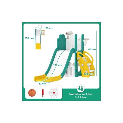 Toboggan enfant jaune et vert 5-en-1 en plastique avec télescope et panier de basket pour jardin et aire de jeux (1/5)