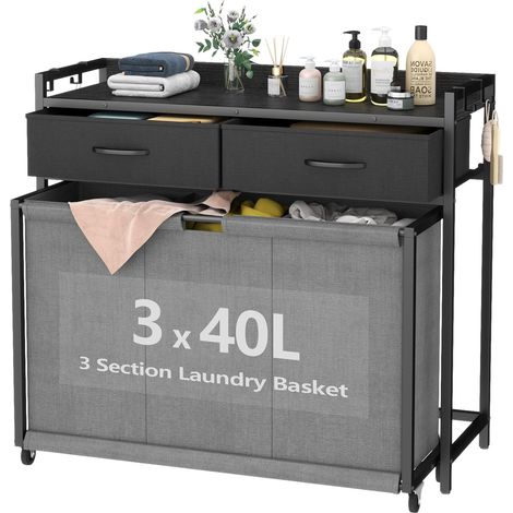 Großer Wäschekorb mit Rollen und 3 Fächern – 3 x 40L Wäschesortierbeutel, Wäschekorb mit zwei Schubladen, ideal für Waschküchen, Schlafzimmer und Badezimmer, Grau