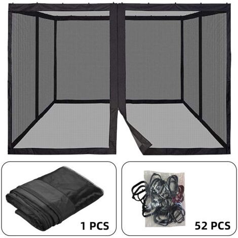 Moustiquaire de terrasse 300x360cm – Polyester noir – Conception à 4 portes avec crochets améliorés – Anti-moustiques et anti-poussière