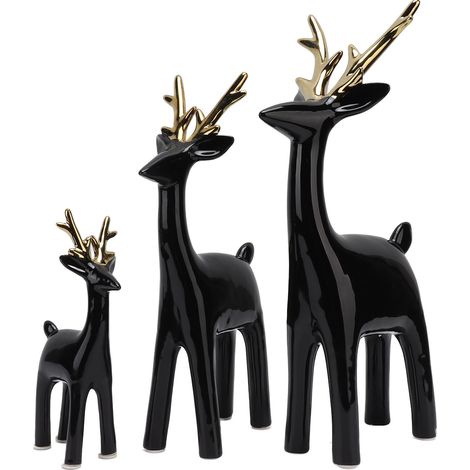 3 ornements de cerf décoratifs en céramique ronds brillants, décoration de table noire et dorée pour maison (1/5)