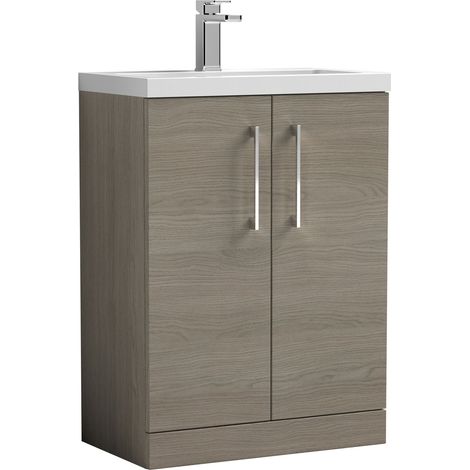 Nuie Arno Compact Floor Standing 2-Door Vanity Unit with Ceramic Basin 600mm Wide - Solace Oak Woodgrain (1/5)