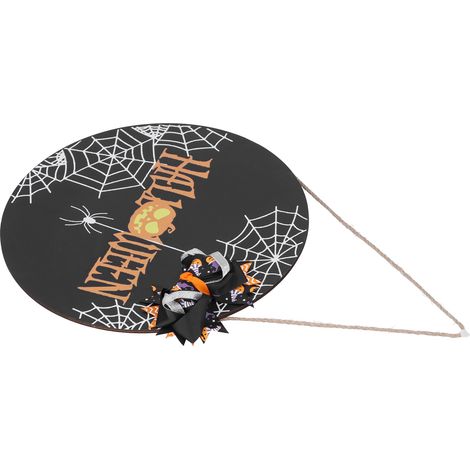 Halloween-Willkommensschild aus Holz mit Spinnennetz-Motiv, dekoratives Wandschild für den Innen- und Außenbereich mit Schleife (1/5)