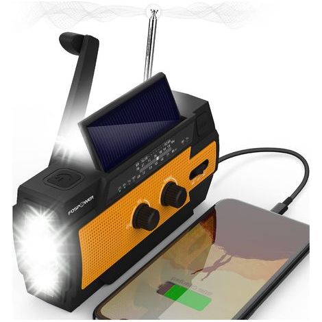 Radio d'urgence solaire à manivelle 4000mAh – Alimentation USB, AM/FM, NOAA – Lampe LED, Alarme SOS pour randonnée et extérieur – Orange (1/5)
