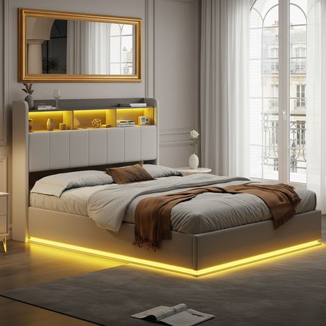 Stauraumbett 140x200 cm mit Stauraum, gepolstertes Kopfteil in Holzoptik, Ladefunktion, LED-Ambientebeleuchtung, Weiß (1/5)