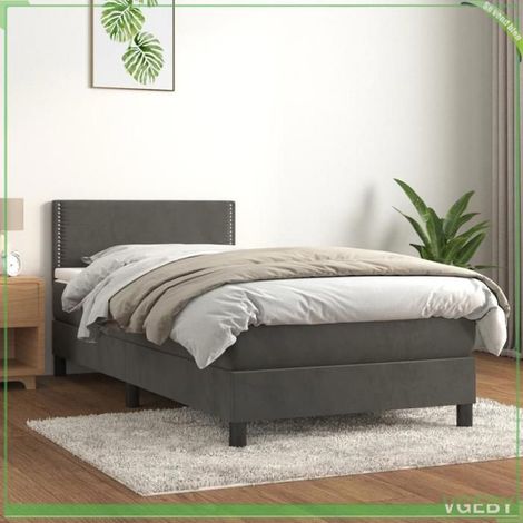 Lit à sommier 1 place - 3141216 - Velours gris foncé - Matelas 90x190 cm (20 cm) - Surmatelas 5 cm (1/5)