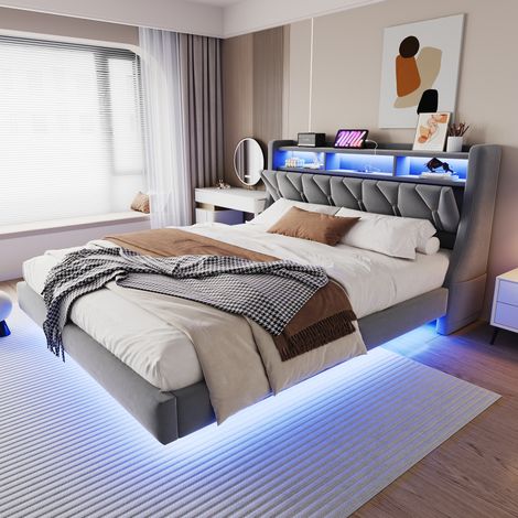 Lit rembourré 180x200 cm en velours gris, tête de lit rabattable avec USB et LED (1/5)