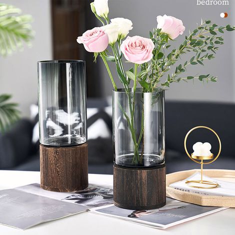 Vase de luxe sur support en bois 1230, ornement floral créatif en verre de couleur naturelle pour table (1/5)