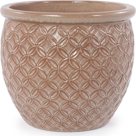 Cache-pot en céramique fait main Ø 38,5 cm, beige brillant avec relief pièce, adapté intérieur et extérieur (1/5)