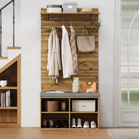 Ensemble entrée 175 cm avec miroir banc porte-manteaux - Armoire chaussures - Étagère - Rangement bois (1/5)