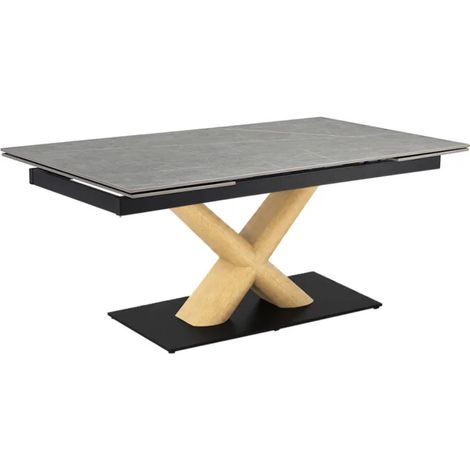 Table extensible 160 à 240 cm céramique gris marbré pied central X plaqué bois clair - ARIZONA 13 (1/5)
