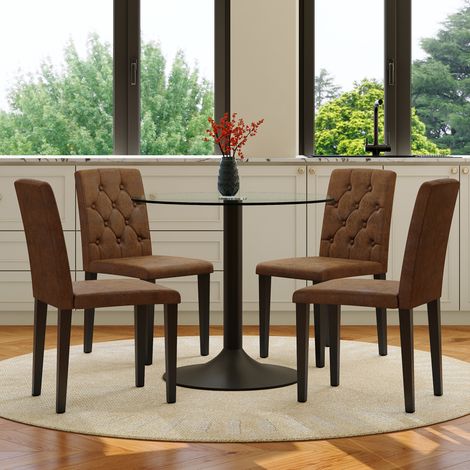 Set aus 5 Esstisch und 4 Esszimmerstühlen, Gesteppte Rückenlehne und Gepolsterter Sitz, Stoff Glas und Metall Braun Schwarz Transparent (1/5)