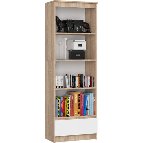 Bibliothèque de bureau AKORD R60 Chêne Sonoma 60 cm 1 tiroir façade Blanche mat 4 étagères 60x35x180 cm (1/5)